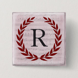 Laurel Wreath Sheet Music Monogram Initial R 2 Inch Square Button