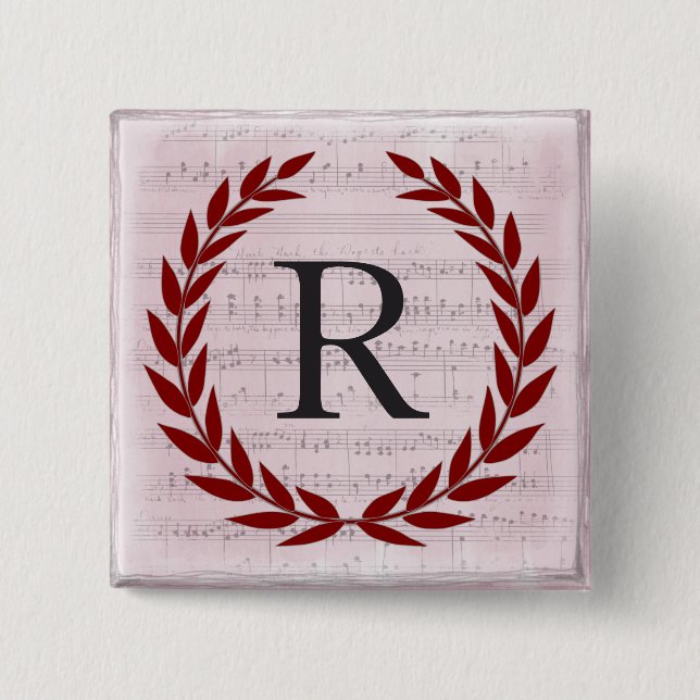 Laurel Wreath Sheet Music Monogram Initial R 2 Inch Square Button (Front)