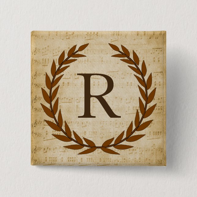 Laurel Wreath Sheet Music Monogram Initial R 2 Inch Square Button (Front)