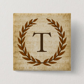 Laurel Wreath Sheet Music Monogram Initial T 2 Inch Square Button
