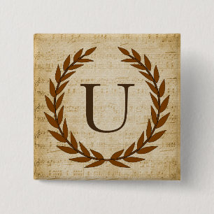 Laurel Wreath Sheet Music Monogram Initial U 2 Inch Square Button