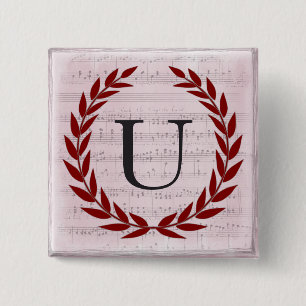 Laurel Wreath Sheet Music Monogram Initial U 2 Inch Square Button