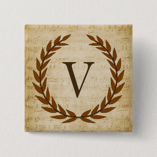 Laurel Wreath Sheet Music Monogram Initial V 2 Inch Square Button