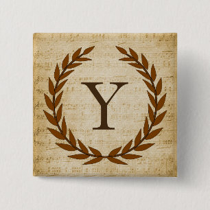 Laurel Wreath Sheet Music Monogram Initial Y 2 Inch Square Button