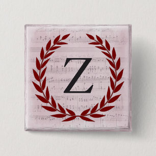 Laurel Wreath Sheet Music Monogram Initial Z 2 Inch Square Button