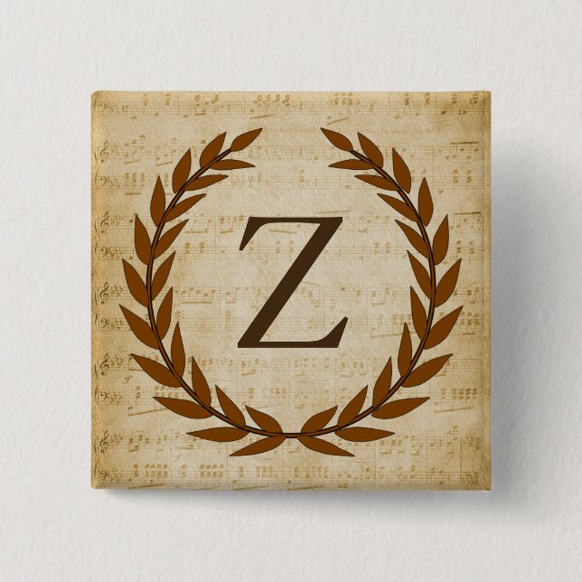 Laurel Wreath Sheet Music Monogram Initial Z 2 Inch Square Button (Front)