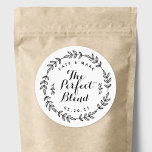 Laurel Wreath The Perfect Blend Wedding Favour Classic Round Sticker<br><div class="desc">Custom-designed circular wedding favour stickers/labels featuring "The Perfect Blend" encircled in hand-drawn laurel wreath. Personalize with bride and groom/couple's names and wedding date for a touch of style on wedding coffee grounds/beans favours and gifts.</div>
