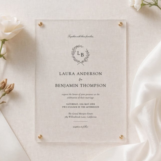 Laurel Wreath Wedding Crest Minimalist Acrylic Invitations (Creator Uploaded)