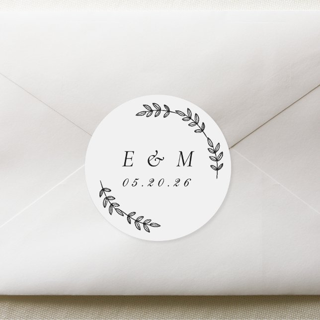 Laurel Wreath Wedding Monogram Classic Round Sticker (Creator Uploaded)