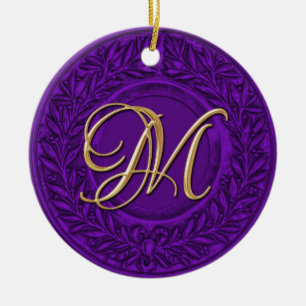 Laurel Wreath with Gold Monogram in Purple Ceramic Ornament