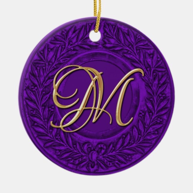 Laurel Wreath with Gold Monogram in Purple Ceramic Ornament (Front)