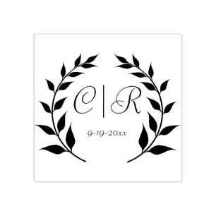 Laurel Wreath with Monogram and Wedding Date Rubber Stamp