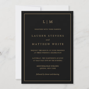 Lauren Black and Gold Monogram Elegant Wedding Invitation