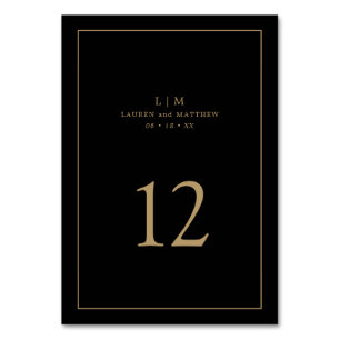Lauren Black and Gold Monogram Elegant Wedding Table Number