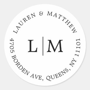 Lauren Black and White Monogram Elegant Wedding Classic Round Sticker
