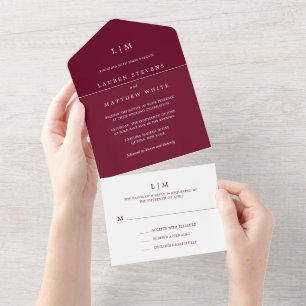 Lauren Burgundy Monogram Elegant Wedding All In One Invitation