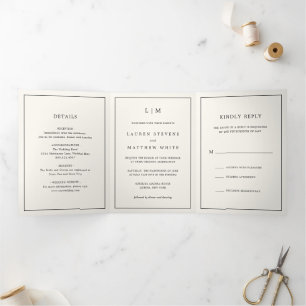 Lauren Cream Monogram Elegant Wedding Tri-Fold Invitation