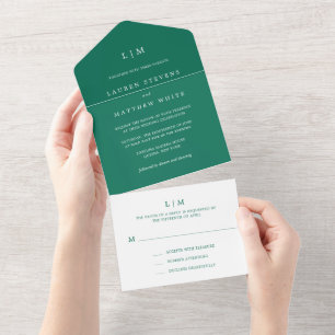 Lauren Emerald Green Monogram Elegant Wedding All In One Invitation