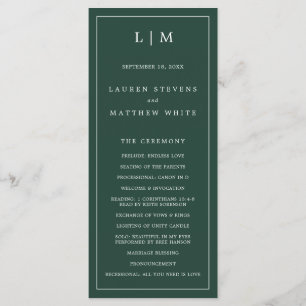 Lauren Forest Green Monogram Elegant Wedding Program