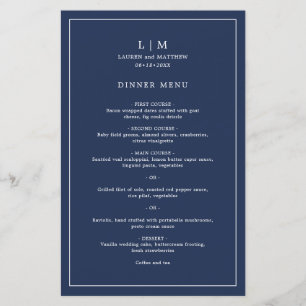Lauren Navy Blue Monogram Elegant Wedding Menu