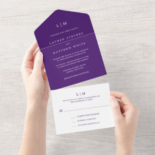 Lauren Purple Monogram Elegant Wedding All In One Invitation