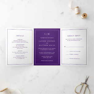 Lauren Purple Monogram Elegant Wedding Tri-Fold Invitation
