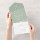 Lauren Sage Green Monogram Elegant Wedding All In One Invitation<br><div class="desc">Unique All In One wedding invitation template with rsvp card for a convenient and low cost option for budget savvy couples. The modern yet elegant invitation features your two letter monogram at the top along with your wedding details in white over a sage green background. A chic and stylish design...</div>