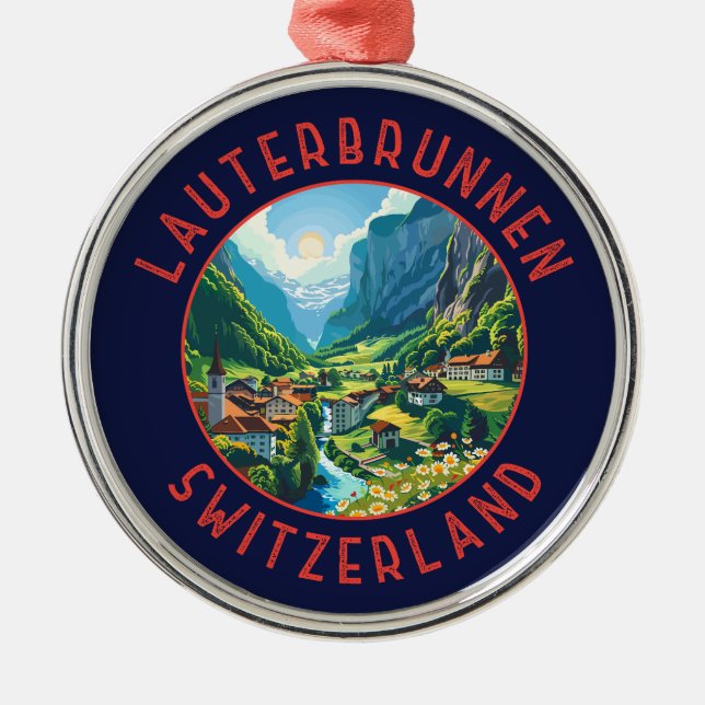 Lauterbrunnen Switzerland Retro Distressed Circle Metal Ornament (Front)