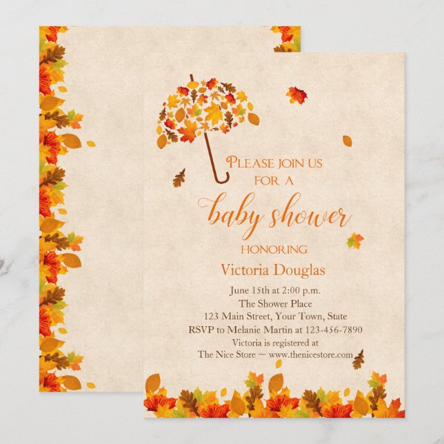 L'automne quitte Umbrella Baby shower Invitation (Devant / Derrière)