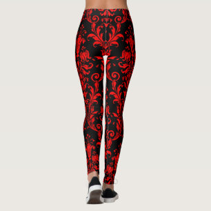 Lava Red On Black Floral Swirls Damask Leggings