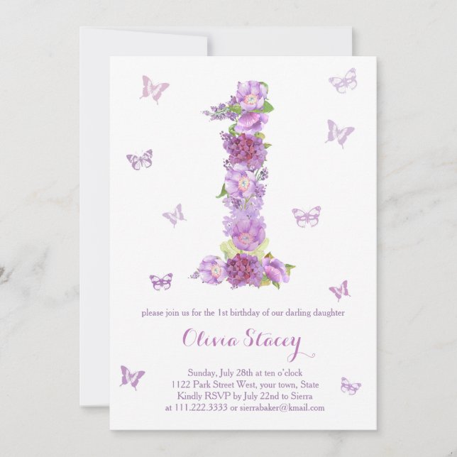 Lavande 1er anniversaire Invitations avec papillon (Devant)