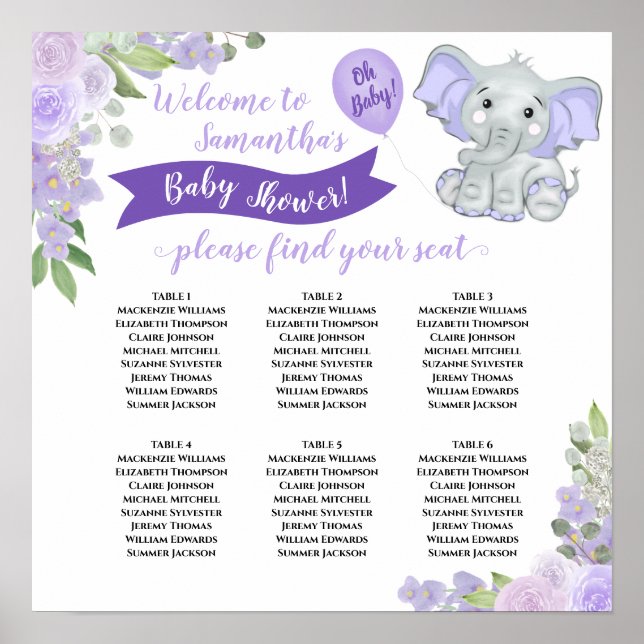 Lavande Baby shower pourpre 6 Tableau Sièges (Devant)