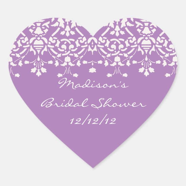 Lavande et blanc Damask Bride Douche Coeur Sticker (Devant)
