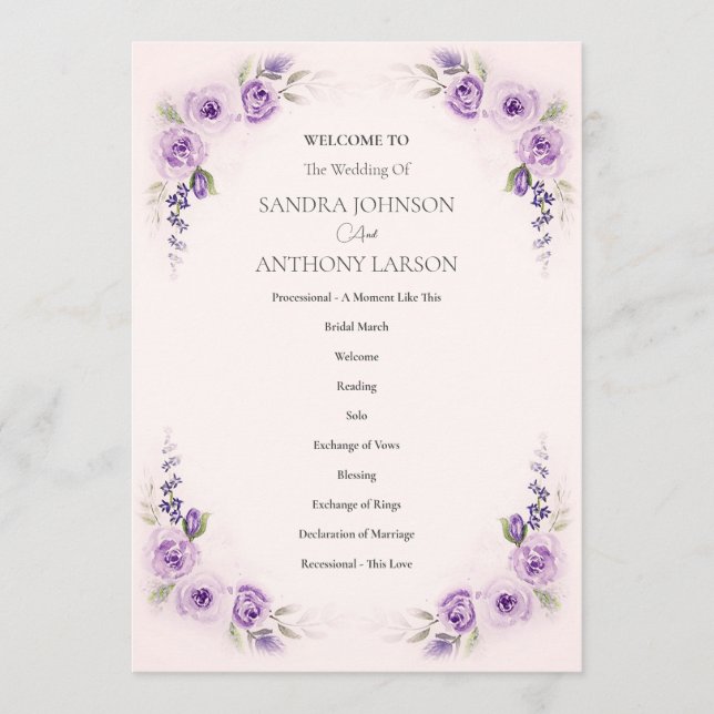 Lavande et Blush Rose Wedding Programme (Devant)