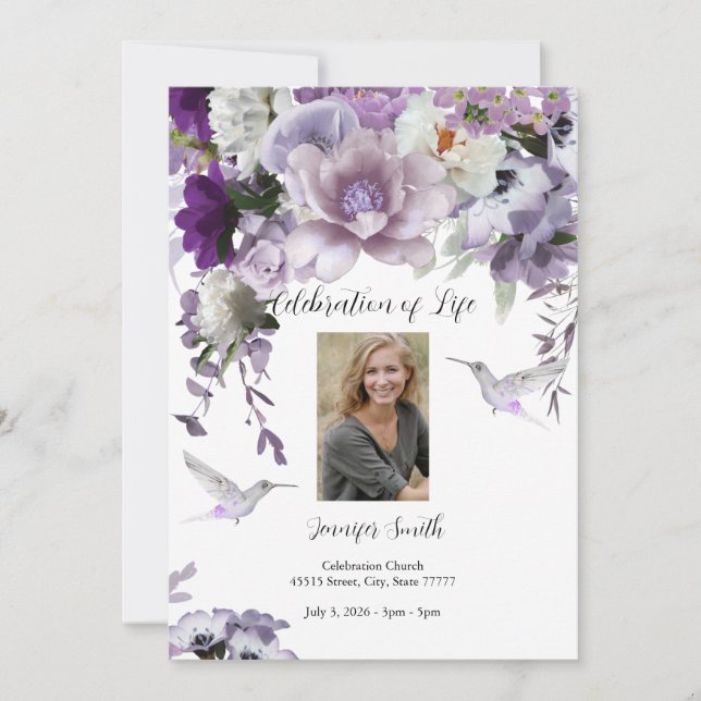 Lavande Fleurs Hummingbird Invitation (Devant)