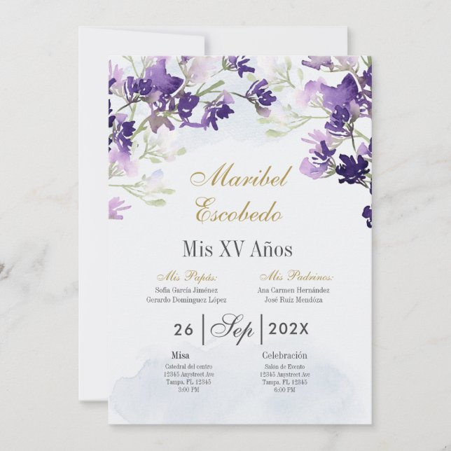 Lavande florale Quinceanera invitation (Devant)