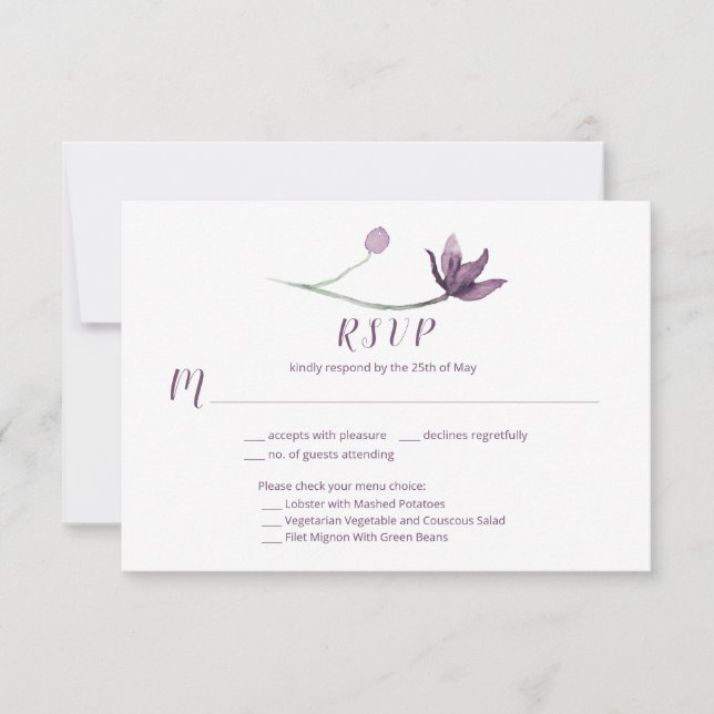 Lavande Purple Aquarelle Florale RSVP Menu Choix (Devant)
