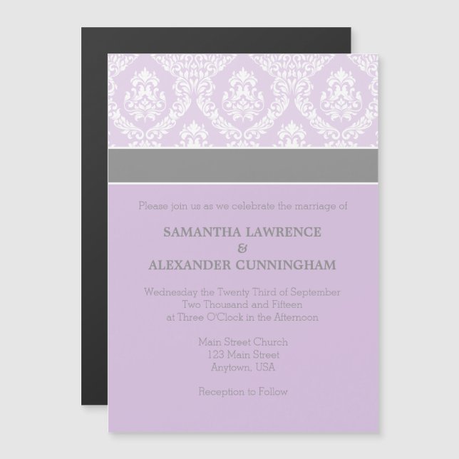 Lavande Purple Damask Faire-part de mariage magnét (Devant / Derrière)