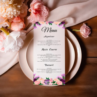 Lavande Purple Peach Rose Floral Menu Mariage