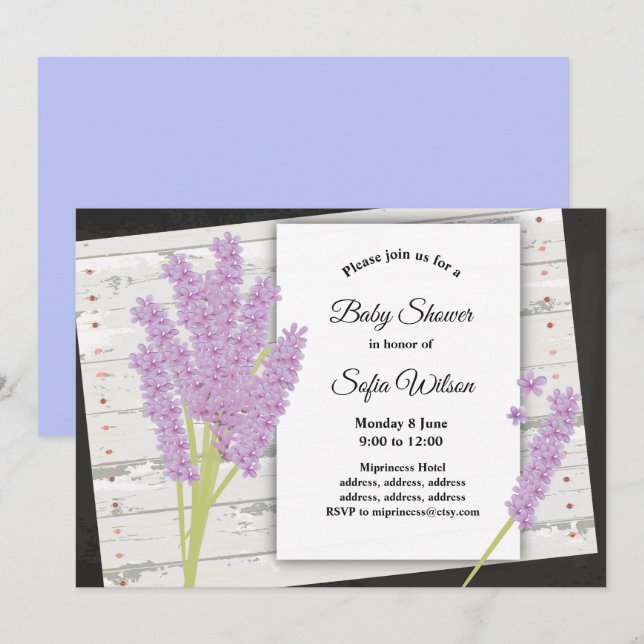 lavande, violet, invitation baby shower (Devant / Derrière)