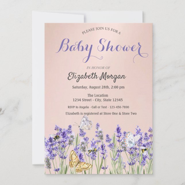 Lavander Butterflies Botanical Pink Baby Shower Invitation (Front)