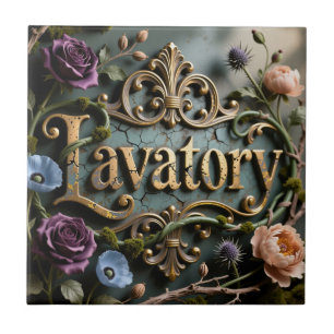 Lavatory Word Antique Gold Floral Plaque Tile