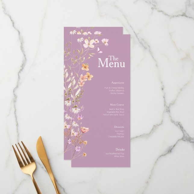 Lavendar Flowers Mariage Menu Événement Décor Tabl (Devant/Arrière en situation)