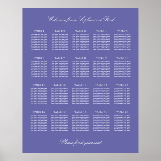 Lavender 20 Table Wedding Seating Chart Poster (Front)