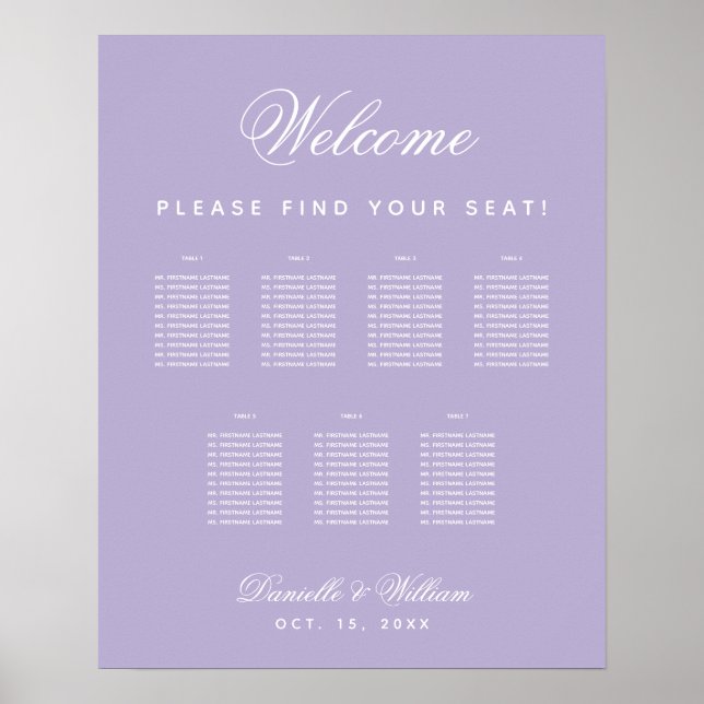 Lavender 7 Tables Purple Wedding Seating Chart (Front)
