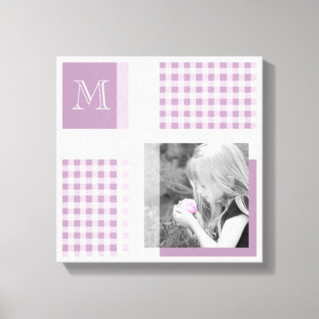 Lavender Add Your Photo Gingham Modern Monogram Canvas Print (Front)