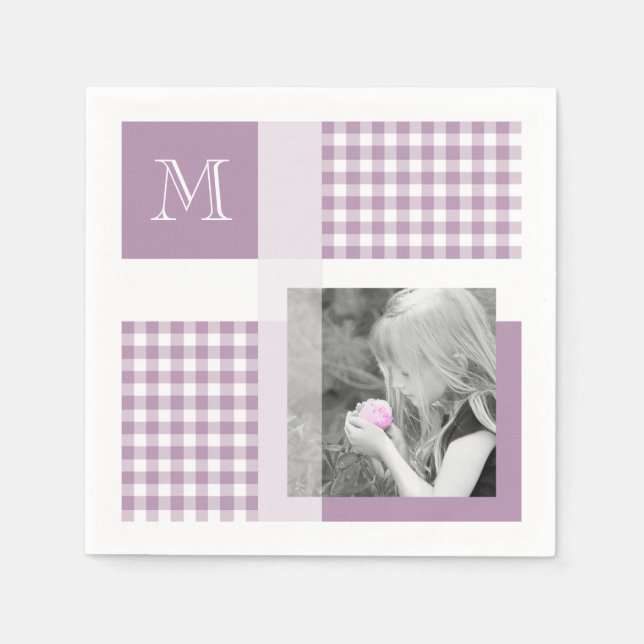 Lavender Add Your Photo Gingham Modern Monogram Napkin (Front)
