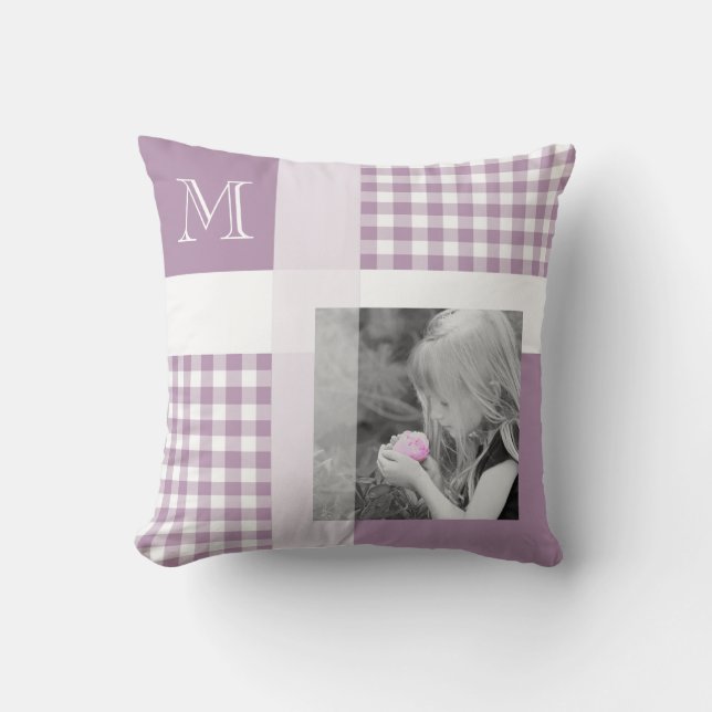 Lavender Add Your Photo Gingham Modern Monogram Throw Pillow (Front)