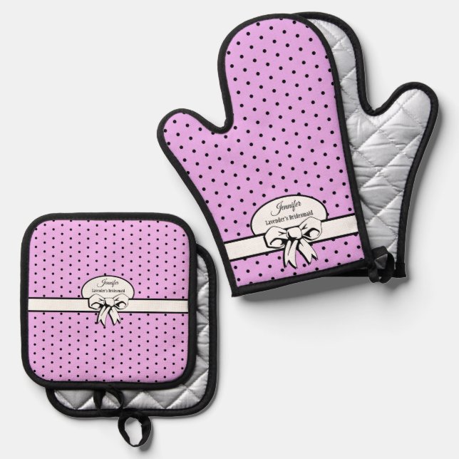 Lavender and Black Polka Dots and Bow Personalized Oven Mitt & Pot Holder Set (Front/Back)