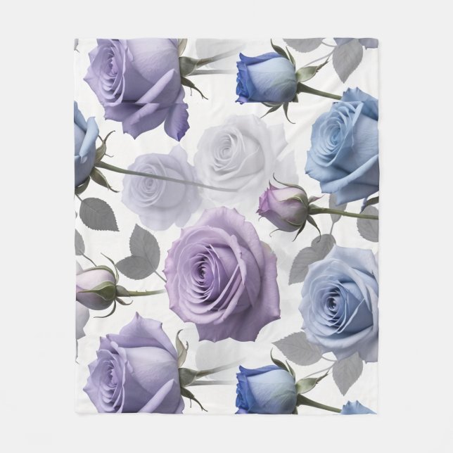 Lavender And Blue Roses Set On A Cloudy Gray Fleece Blanket (Front)